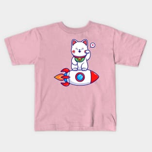 Cute Cat Maneki Neko On Rocket Cartoon Kids T-Shirt